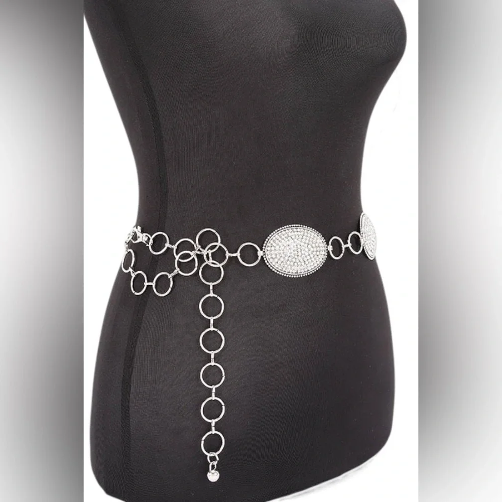 Gold Rhinestone Paved Concho Chain Statement Belt